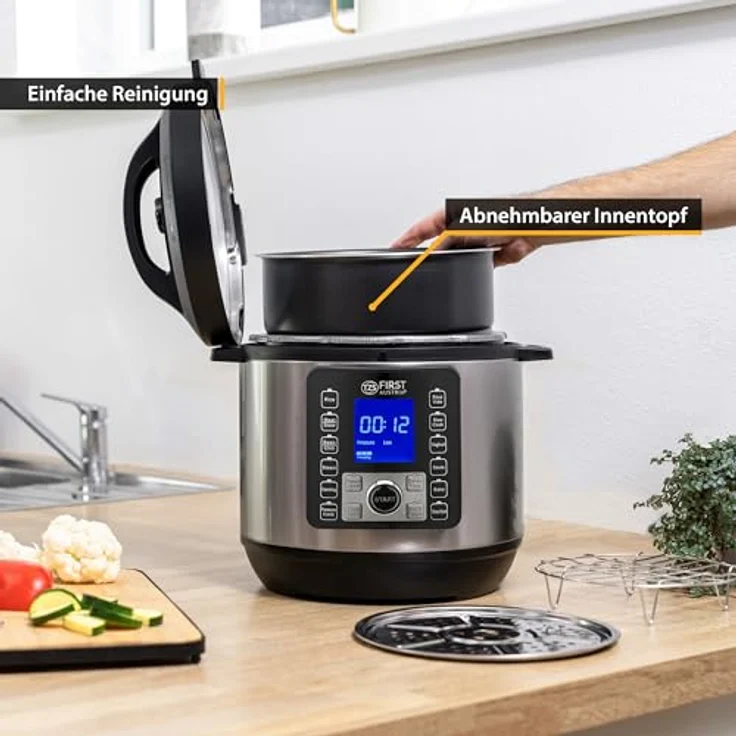 TZS FIRST AUSTRIA Multikocher Druckkochtopf elektrisch 6L, 12 Automatik-Programme, 1000 W, Dampfgarer mit Warmhaltefunktion, silber/schwarz – Bild 7