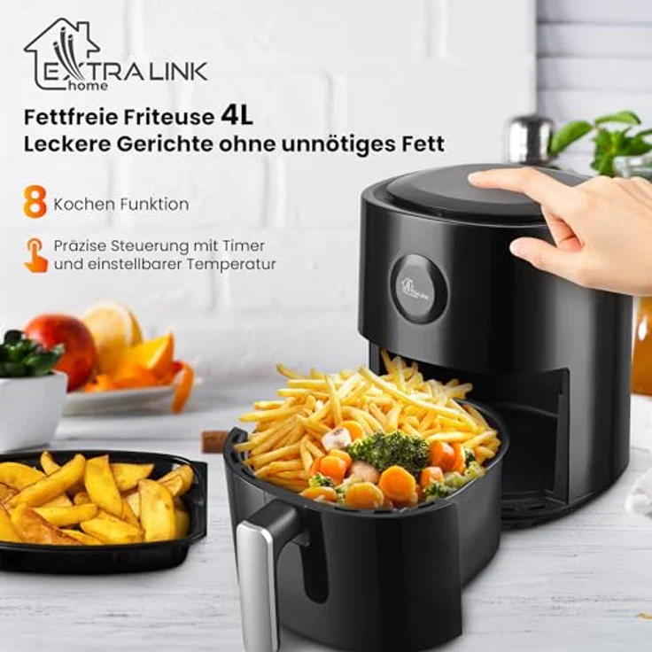 EXTRALINK 1300W Airfryer 4L - Heißluftfritteuse mit 8 Kochfunktionen, LED-Touchscreen - 90% Weniger Fett, Weiß – Bild 2