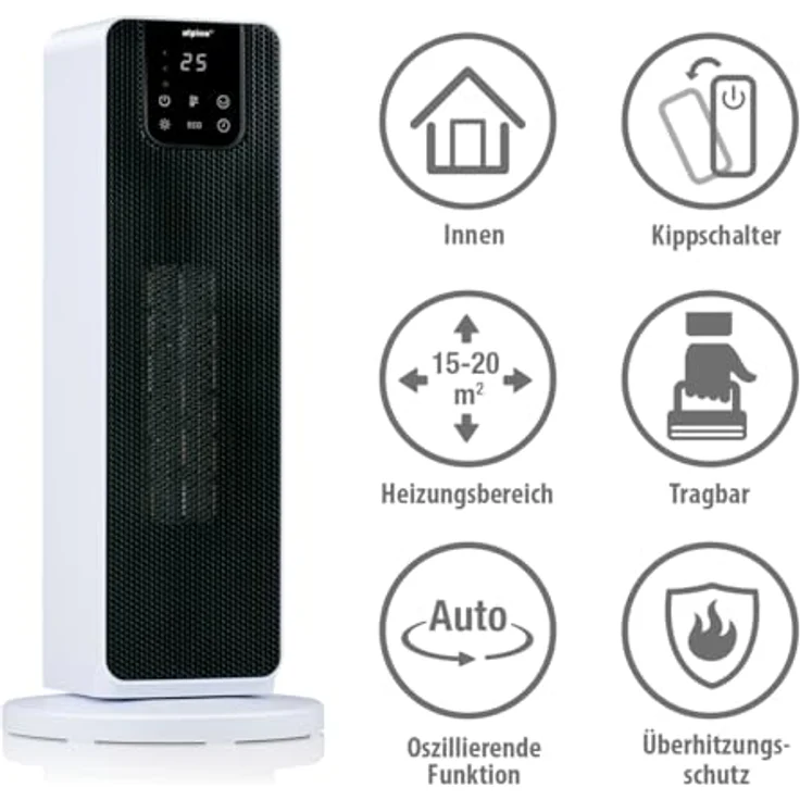 alpina Elektrischer Heizlüfter mit Digitalanzeige 2000W – Oszillierender Heizstrahler für Räume bis 20 m² – Keramik Heizkörper mit Absturzsicherung, Grau – Bild 3