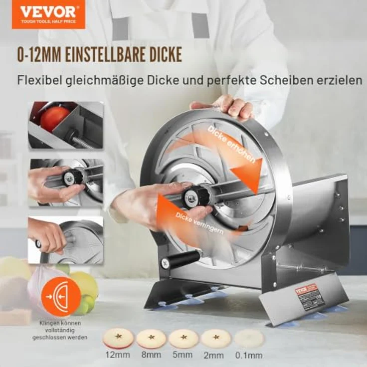 VEVOR Manueller Gemüse- und Obstschneider, Edelstahl, 0–12 mm einstellbare Dicke, mit 2 Ersatzklingen, für Kartoffeln, Gurken, Zitronen und Tomaten – Bild 2