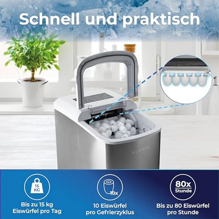 KLAMER Eiswürfelmaschine Weiss, 10 Eiswürfel in 7-9 Minuten, 15 kg Eiswürfel pro Tag, 2 Eiswürfelgrößen, 2,1 L Wassertank, 120 W Ice Maker mit Timer, Leiser Eiswürfelbereiter mit Eisschaufel – Bild 4