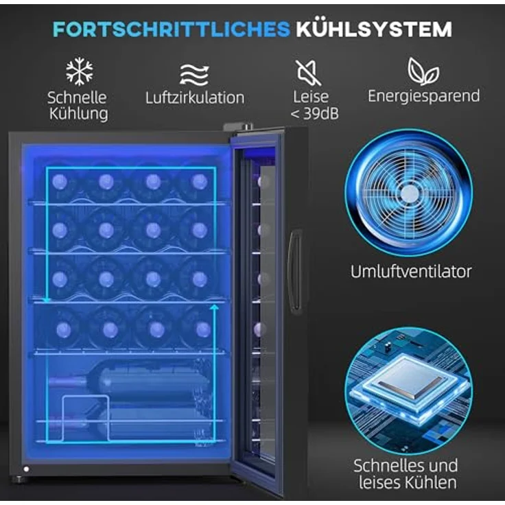HOMCOM Weinkühlschrank 20 Flaschen 53L 5-18℃ Kompressor Getränkekühlschrank mit Anti-UV Glastür, Flaschenkühlschrank mit LED-Leuchte, Kleiner Weinschrank mit Touch-Screen in Schwarz – Bild 3