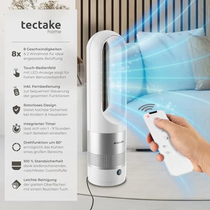 tectake® rotorloser Turmventilator mit Fernbedienung, 8 Geschwindigkeitsstufen, 80° Oszillation, leise für Schlafzimmer - weiß – Bild 2