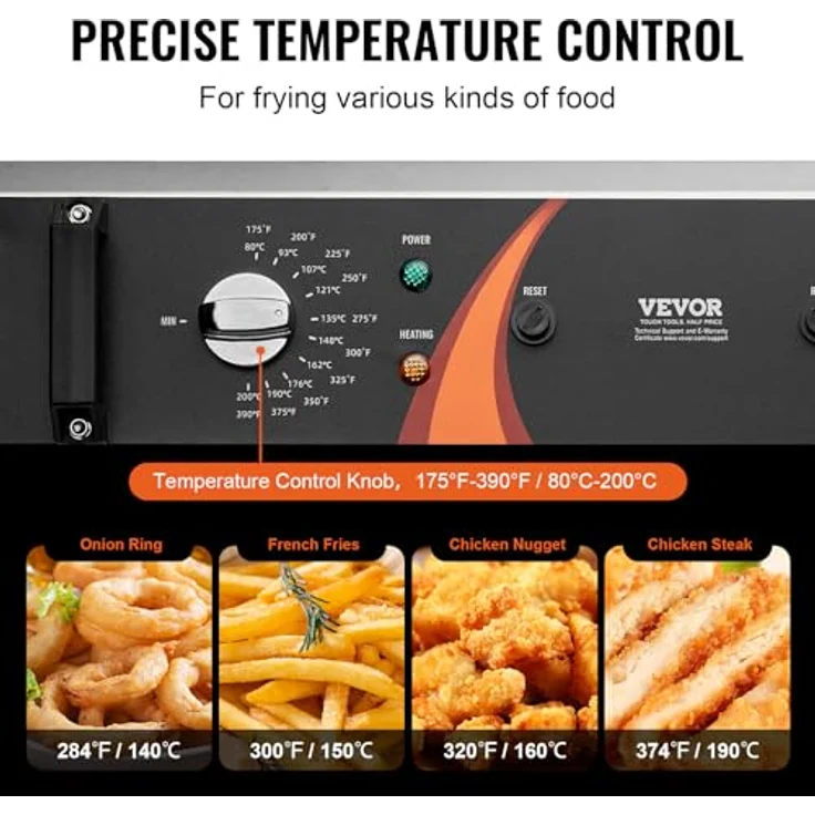 VEVOR kommerzielle Fritteuse, 2250 W elektrische Fritteuse mit Korb, 20 L Fassungsvermögen, Edelstahl, Silber, Temperaturregelung – Bild 4