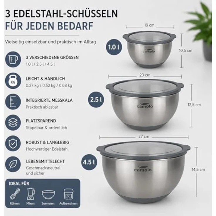 Kobalz GmbH Camolo Profi Edelstahl Schüssel Set mit Deckel