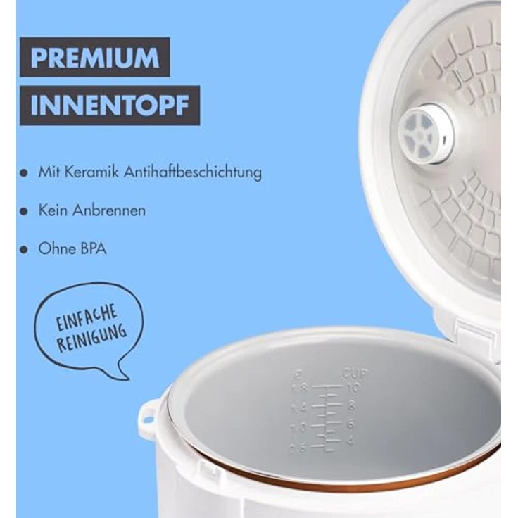 Reishunger Reiskocher - Reiskocher mit Keramikbeschichtung, 1,8 L, 700,00 W, Mit Dampfgarfunktion & Warmhaltefunktion, XXL-Version, schlichtes Design – Bild 6
