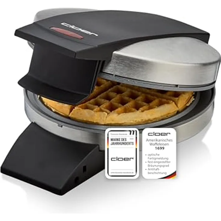Cloer 1699 Amerikanisches Waffeleisen, runde Waffel 15,5 cm Durchmesser, Antihaftbeschichtung, fest eingestellter Bräunungsgrad, Edelstahl, 930 W