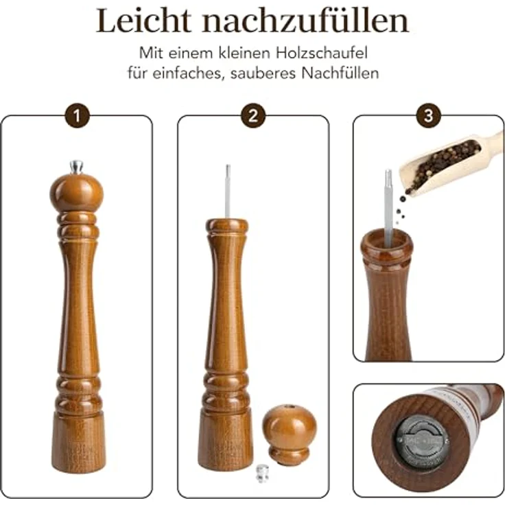 Creative Home Salz Pfeffermühle und Pfeffermühle Set aus Buchenholz, 31,5 cm Höhe mit manuellen Metallmahlwerk und Mini-Holzschaufel, ideal für Gewürze – Bild 5