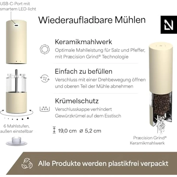 LARS NYSØM Salz- und Pfeffermühle Elektrisch 2er Set, Edelstahl mit einstellbarem Keramik-Mahlwerk, USB-C wiederaufladbar, Almond Beige – Bild 4