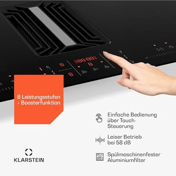 Klarstein AirJet FlexPro Induktionskochfeld mit Dunstabzug, A++ Energieeffizienz, 750 m³/h Abluft, 14 kW Leistung, 4 Flexzonen, leise 58 dB, Touch-Steuerung, Schwarz – Bild 5