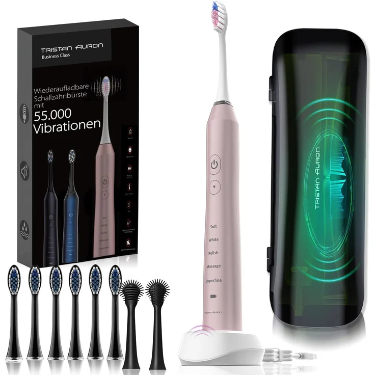 Tristan Auron Business Class Schallzahnbürste - 55.000 Schwingungen - 5 Modi - 60 Tage Akku + inkl. Etui mit UV Desinfektion + 6 Ersatzbürste und 2 Zungenreiniger - pink – Bild 1