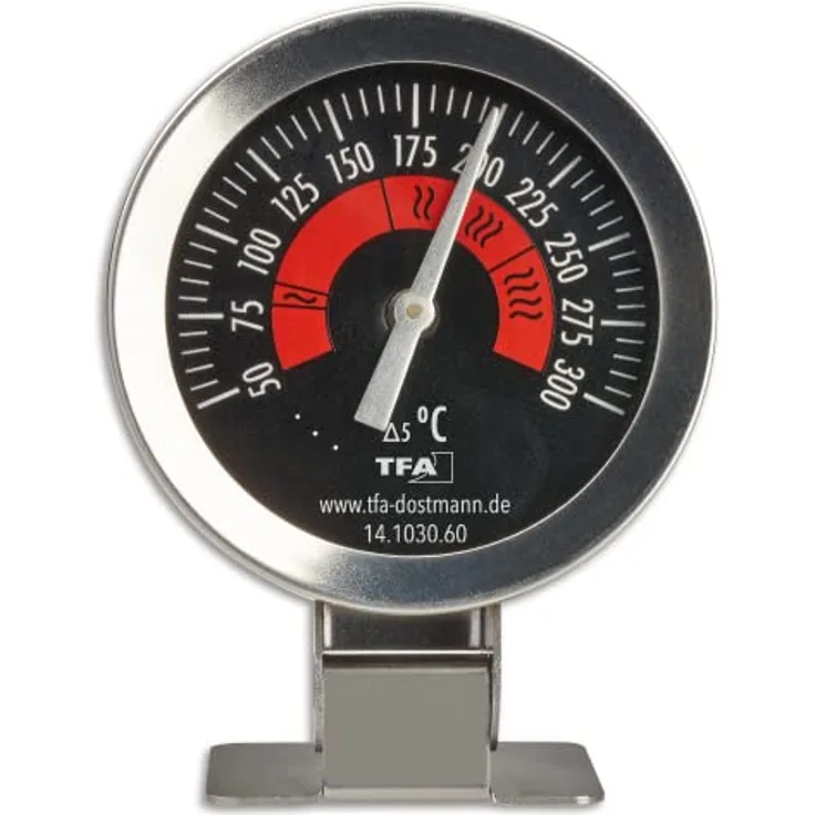 TFA Dostmann Backofenthermometer analog 14.1030.60 zur Temperaturüberwachung des Backofen aus Edelstahl zum Hängen oder Stellen bis 300Degree C Silber