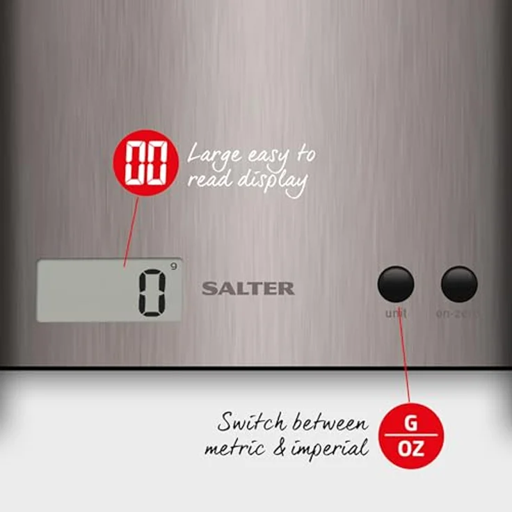SALTER Arc digitale Küchenwaage, Elektronisches Wiegen, Schlanke Edelstahlplattform, Abgerundete Seiten, LCD Display, Zuwiegefunktion, Leicht zu reinigen – Bild 3