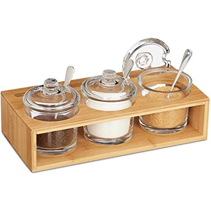 Relaxdays Gewürzgläser 3er Set, mit Bambus Halter, Glas Zuckerdose mit Löffel & Deckel, Salzbehälter, natur/transparent, 10032147, 11 x 27 x 13 cm – Bild 1