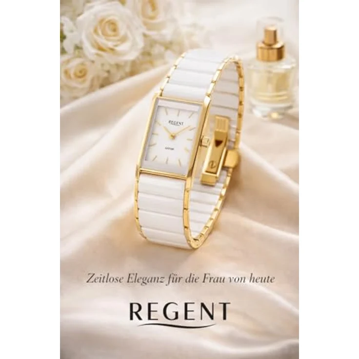 Regent Quarzuhr F-1582, elegante Damenuhr mit analoger Anzeige, goldfarbenes Gehäuse und weißes Keramikarmband, spritzwassergeschützt – Bild 4