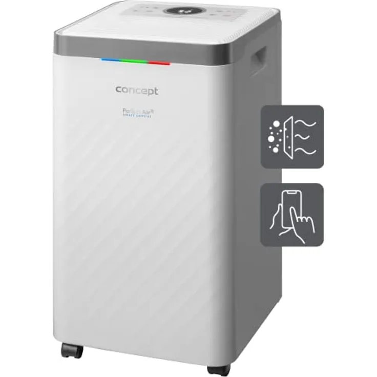 Concept OV2012 Luftentfeuchter mit Luftreiniger 210 Watt Touch-Steuerung Vierfaches Filtersystem Ionisierung Aktivkohlefilter Staubfilter Timer 4 Betriebsarten Steuerung über App 45 dB