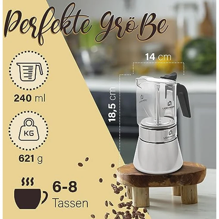 Lion Home Espressokocher, Edelstahl-Glas Design mit Kork-Untersetzern, für 6 Tassen, leicht zu reinigen – Bild 3