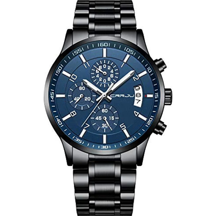 CRRJU Herren Chronograph Armbanduhr, wasserdicht, Edelstahlarmband, analog, Quarzwerk mit Kalender, Schwarz Blau Silber – Bild 1