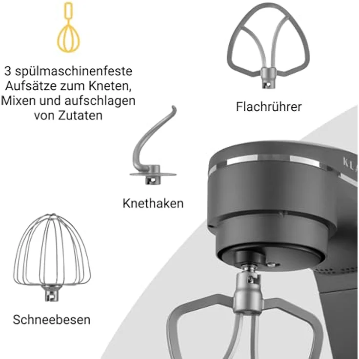 KLAMER Küchenmaschine 1800W, Knetmaschine mit 6 Liter Edelstahl Schüssel, 10 Geschwindigkeitsstufen mit Timer, Rührbesen, Knethaken, Schneebesen und Spritzschutz – Bild 4