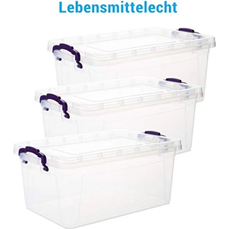 Aufbewahrungsbox mit Deckel, 6 Stück Aufbewahrungsboxen, 22 Liter Boxen Aufbewahrung, Plastikbox mit Deckel, Transparent Kisten Aufbewahrung mit Deckel und lila Griffen, Model: Amira, Made in EU – Bild 4