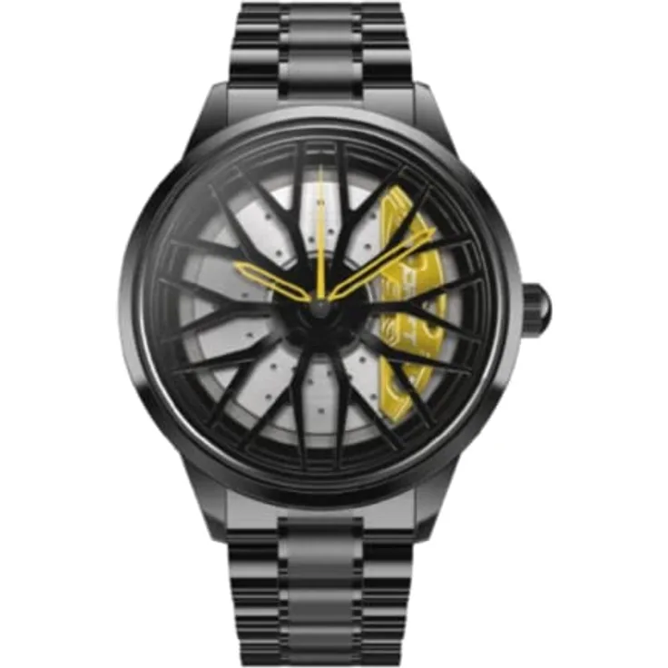 DriftElement Motorsport Felgenuhr Herren - Sportwagen Männer Armbanduhr im 3D Design der Sternspeichen M8 Felge aus Edelstahl - Custom Designer Uhr mit Mineralglas, glänzendes schwarzes Gehäuse, Japanisches Seiko Epson Y121 Quarzuhrwerk, 3 ATM Wasserdicht, Hochwertiges Edelstahl-Armband, Schmetterlingsverschluss, Mehrfarbig Zeiger