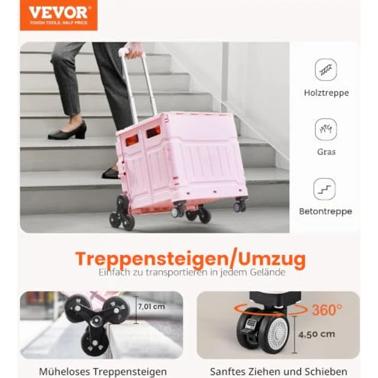 VEVOR Klappbarer Einkaufstrolley, Faltbarer Aluminium-Einkaufswagen mit 2 Rädern, tragbarer Treppenliftstuhl für ältere Menschen und Behinderte, bis 168 kg belastbar – Bild 2