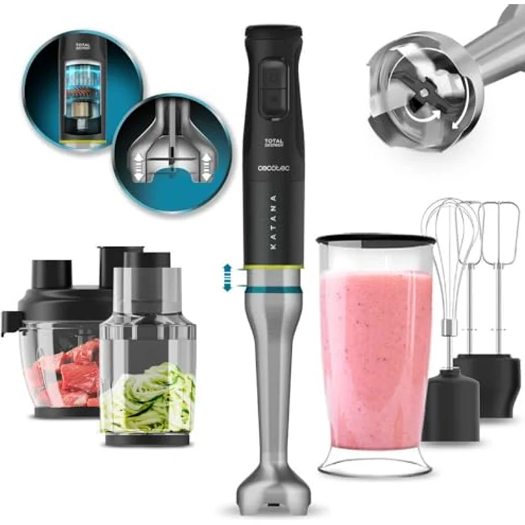 Cecotec Stabmixer Katana TotalDestroy 1500XL, 1500 W, Doppelklingensystem, 21 Geschwindigkeiten, Turbo, 4 Klingen mit schwarzem Titan, 800 ml Glas, Spritzschutzhaube – Bild 1
