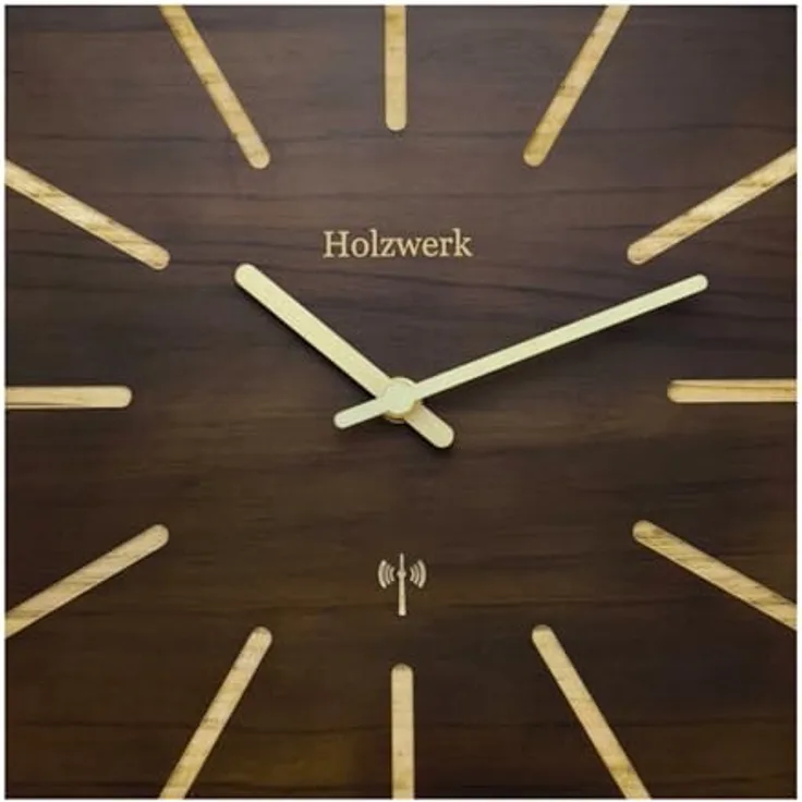 Holzwerk Wanduhr, Funkuhr aus massivem Holz, quadratisch, dunkelbraun, 25x25x2 cm, nahezu lautloses Uhrwerk
