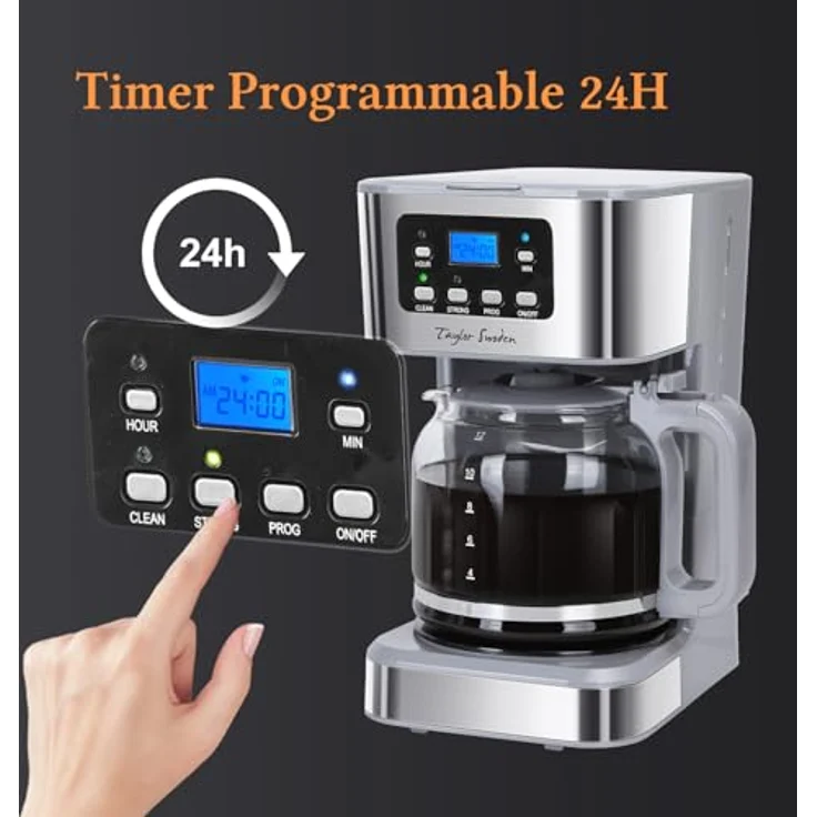 Taylor Swoden 950W Filterkaffeemaschine mit Timer, 1.5L für 12 Tassen, BPA-frei, Grau - Pewter, mit Abschaltautomatik und Tropf-Stopp – Bild 5