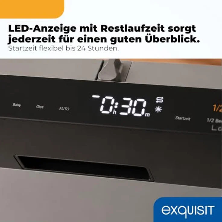 Exquisit EGSP59316-E-450C, Vollintegrierbarer Geschirrspüler für 16 Maßgedecke, Energieklasse C, 8 Programme, Aquastop, Besteckschublade, Extra-Trocknung, Schwarz – Bild 4