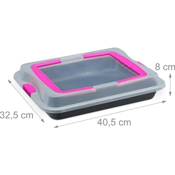 relaxdays Backblech mit Deckel, rechteckige Kuchenform aus Carbon-Stahl, Pink, antihaftbeschichtet, mit 2 Tragegriffen und Verschlussclips – Bild 4