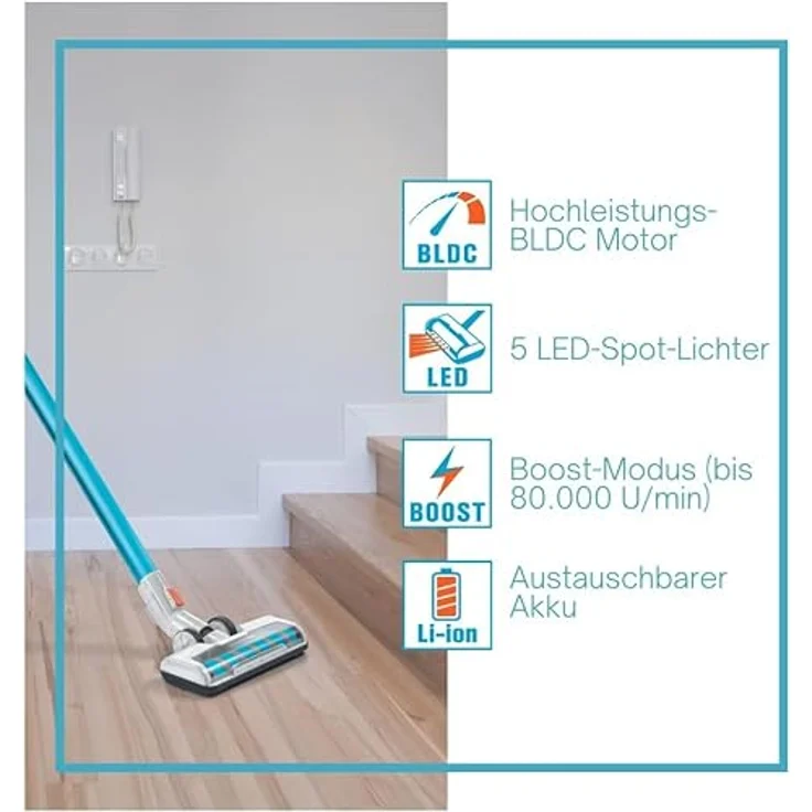 Genius Invictus X7 Akku-Staubsauger (13 Teile) Beutelloser und kabelloser 2in1 Staubsauger mit 380 Watt Saugleistung und integrierten LED-Spot-Lichter, Lithium-Ionen Akku (30 min) – Bild 3