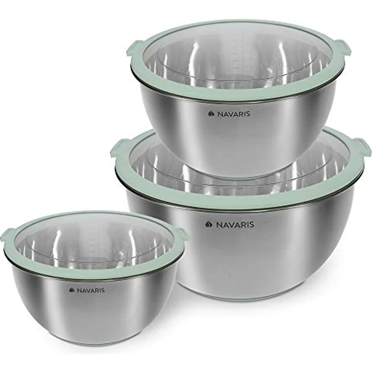Navaris Edelstahl Schüssel Schale mit Deckel - 3-teiliges Set Rührschüssel Salatschüssel - Edelstahlschüssel Schüsselset Behälter in Mintgrün – Bild 1
