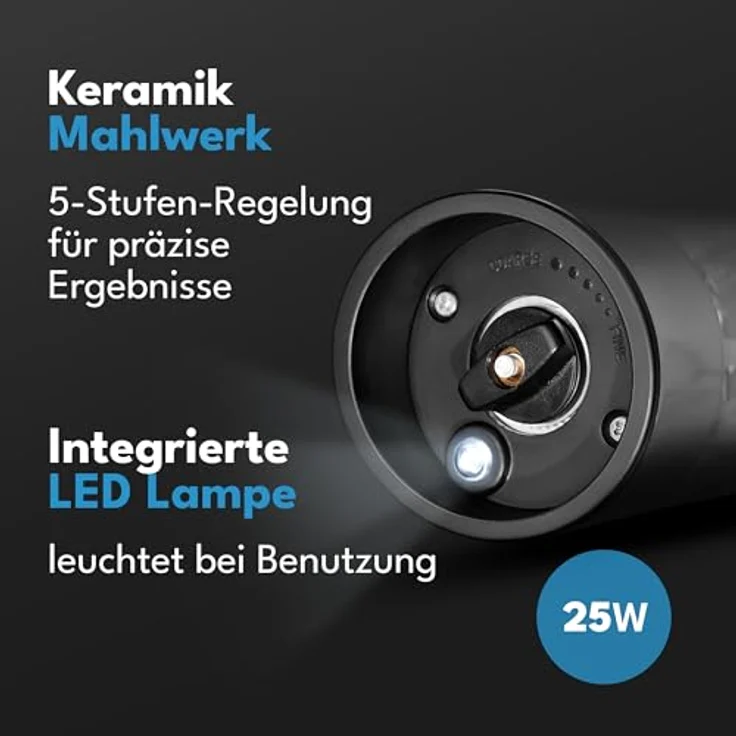Lebenlang Elektrisches Salz-/Pfeffermühle Set, 2er Set mit Kipp-Sensor, Keramik-Mahlwerk und USB-Akku, gebürsteter Edelstahl – Bild 4