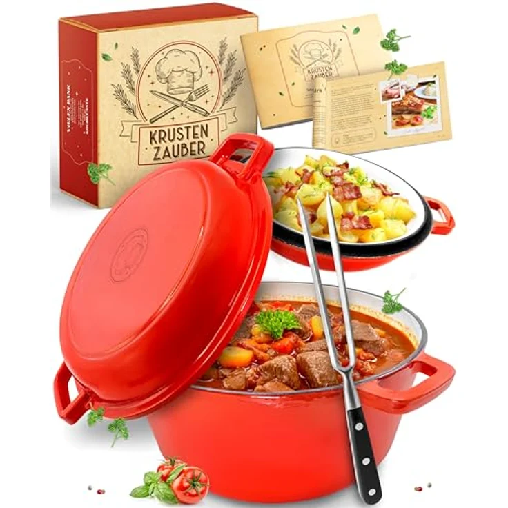 KRUSTENZAUBER Gusseisen Topf [inkl. Fleischgabel] - Hochwertiger 26cm Schmortopf backofengeeignet - Idealer Bräter mit Deckel, Kochtopf Induktion, Emaille, Bratentopf Cast Iron – Bild 1