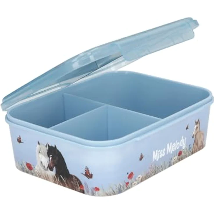 Depesche 13398 Miss Melody Dusty Rose, Lunchbox in Hellblau mit Pferde Motiv und Mohnblumen, 3 Fächer und transparenter Deckel – Bild 4