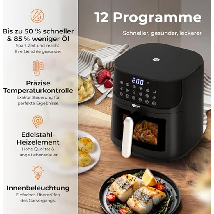 Balter Heißluftfritteuse Airfryer, 5,5 L, Friteuse Heissluftfritteuse XXL mit Sichtfenster, 12 Programme, inkl. 100 Rezepte, HL-551T, fettarm und leicht zu reinigen – Bild 2