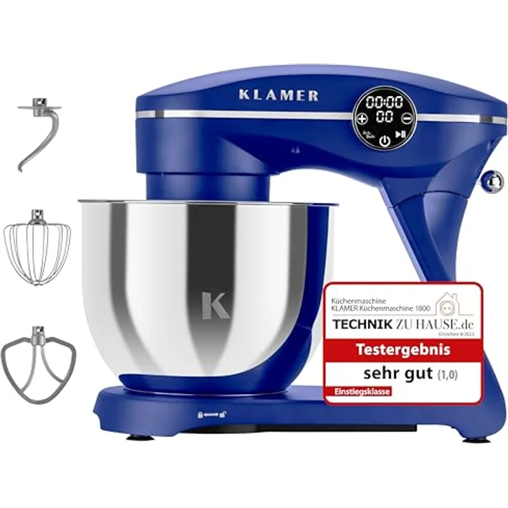 KLAMER Küchenmaschine 1800W, Knetmaschine mit 6 Liter Edelstahl Schüssel, 10 Geschwindigkeitsstufen mit Timer, Rührbesen, Knethaken, Schneebesen und Spritzschutz – Bild 1