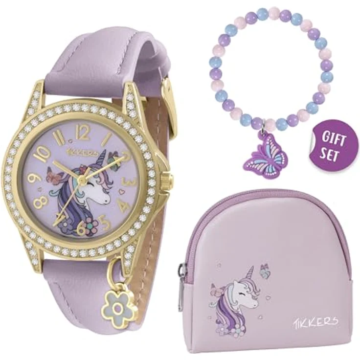 Tikkers ATK1106, Kinder Armbanduhr mit Einhorn-Zifferblatt, hellgoldenem Gehäuse und lilafarbenem Lederarmband – Bild 1