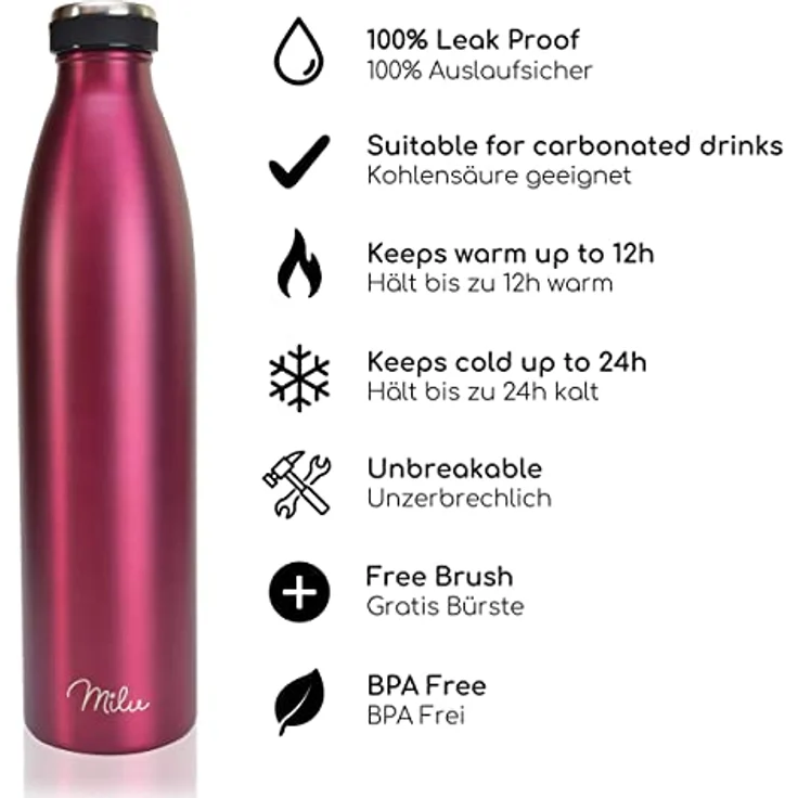 Milu Edelstahl Trinkflasche 1500ml, isolierte Thermosflasche, doppelwandig, auslaufsicher, kohlensäure geeignet, Berry – Bild 2