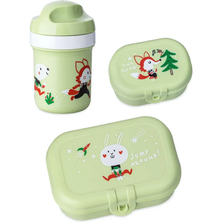 XXXL HOP ON AT Home Set, 3-teiliges ökologisches Aufbewahrungsset für Kinder, Trinkflasche 200 ml und Vorratsbehälter, Grün