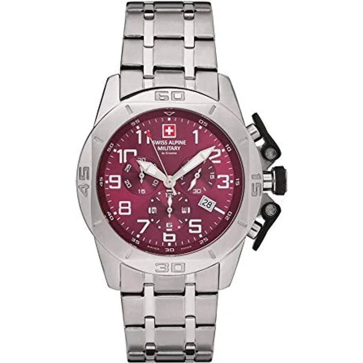 Swiss Alpine Military Herren Uhr Chrono 7063.9136SAM Edelstahl, rotes Zifferblatt mit arabischen Leuchtzahlen