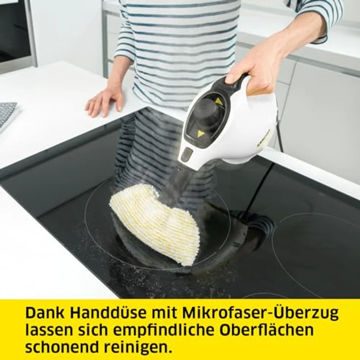 Kärcher Dampfreiniger SC 1, Dampfdruck: 3 bar, Aufheizzeit: 3 min., Leistung: 1.200 W, Flächenleistung: 20 m², Tank: 200 ml, mit Hand-, Punktstrahl- und Powerdüse, Mikrofaser-Überzug und Rundbürste – Bild 5