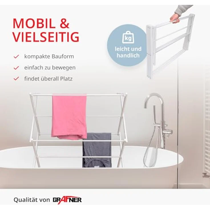 Grafner Wäscheständer klappbar und platzsparend, 11 Stangen, 6 Ebenen, robuster Stahlrahmen, kompakt Metall Wäscheständer Turm für kleine Räume und Camping – Bild 2