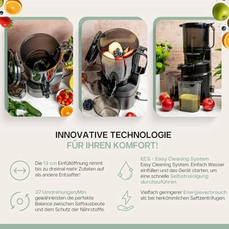 4Swiss WB025 Slow Juicer, Kaltentsafter mit 13 cm XXL Einfüllschacht, BPA-frei, leise Saftpresse für Obst und Gemüse – Bild 7