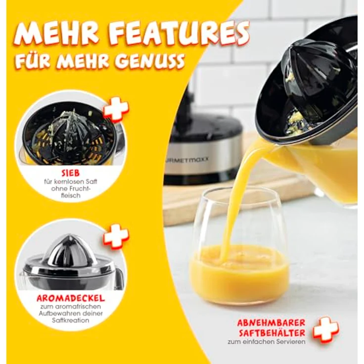 GOURMETmaxx elektrischer Entsafter für Zitrusfrüchte & Orangensaft | Saftpresse bis 700 ml Füllvolumen | Zitruspresse mit verschiedenen Zubehör für frischesten Geschmack | 40 W [transparent/silber] – Bild 3