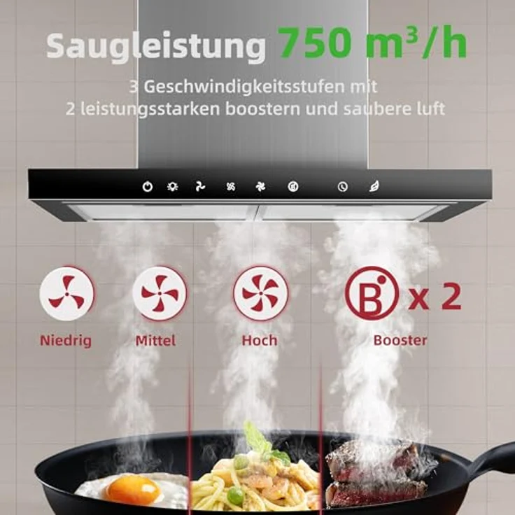 LEVIVO Dunstabzugshaube 60cm, A+++ Umluft & Abluft mit 750 m³/h Luftleistung, 2 Aktivkohlefiltern, 2 Fettfiltern, 3 Stufen & Booster, Edelstahl – Bild 2