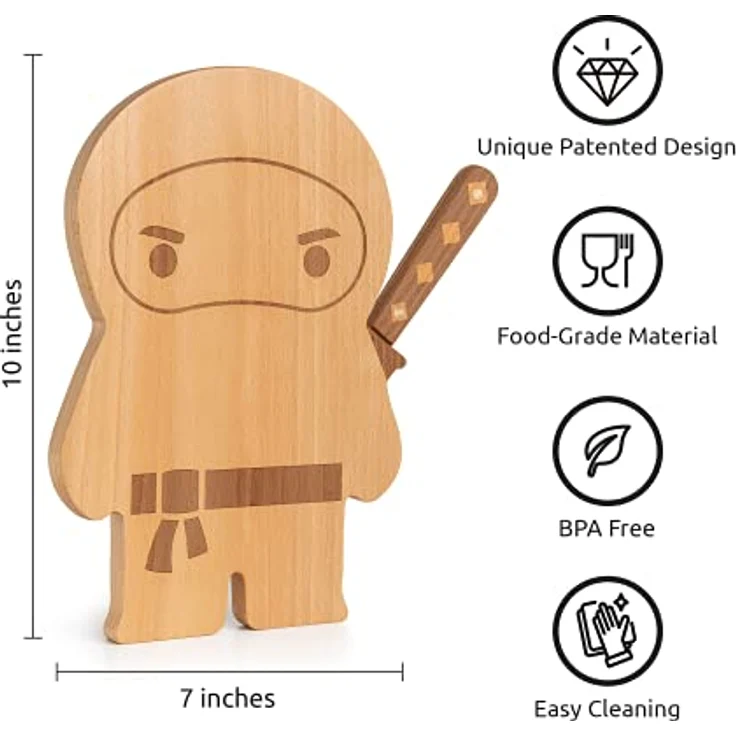 OTOTO – Ninja Board – Kleines Schneidebrett und Messer Set – Küchengeschenk zum Schneiden von Obst und Gemüse – Brett aus Holz und Messer aus Edelstahl – Maße – 25,4 x 17,8 x 1,5 cm – Bild 2