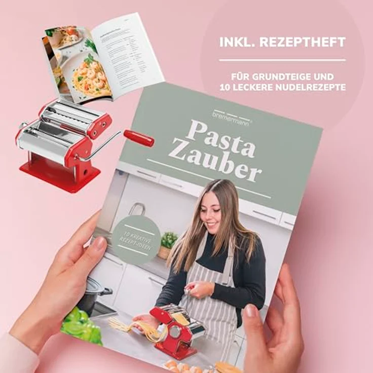 bremermann Nudelmaschine Edelstahl für Spaghetti, Pasta und Lasagne, 7 verstellbare Teigdicken, rot mit Rezeptheft – Bild 2