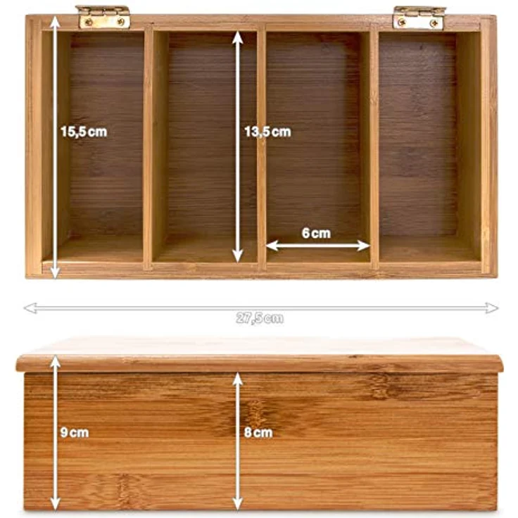 relaxdays Teebox Bambus lackiert, 4 Fächer für ca. 80 Teebeutel, natur – Bild 6